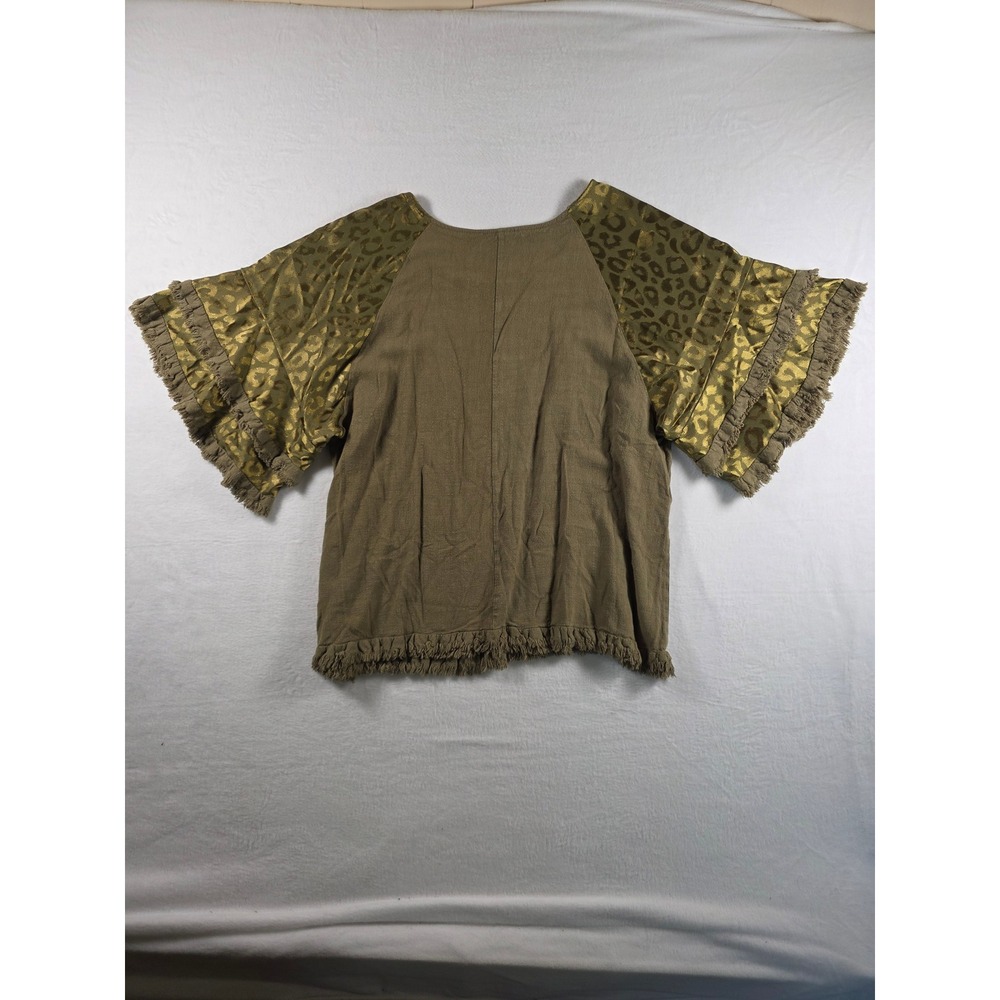Umgee Metallic Leopard Tiered Fringe Sleeve Large Olive Green Boho Linen Cotton - Picture 7 of 7